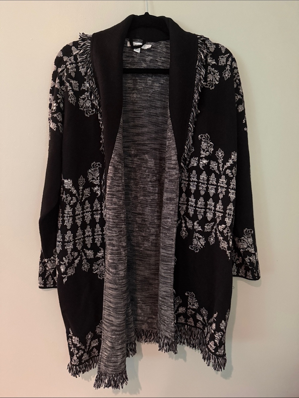Chico's Black & Gray Floral Shawl Collar Open Cardigan